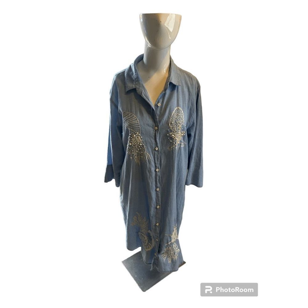 Antica Sartoria Tunic For Women Embroidered and Beaded Sz 2 Button Down & Pocket